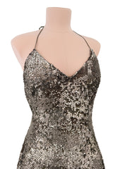 Fall 2015 Ralph Lauren Purple Label Runway Finale Look 43 Bronze Sequin Halter Dress w Open Back