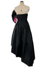 Striking 1980s Arnold Scaasi Couture Black Silk Strapless Dress w Pink Lined Half Bow & Shawl