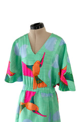 Prettiest 1970s Hanae Mori Green & Tropical Bird Printed Caftan Dress w Curved Sleeves