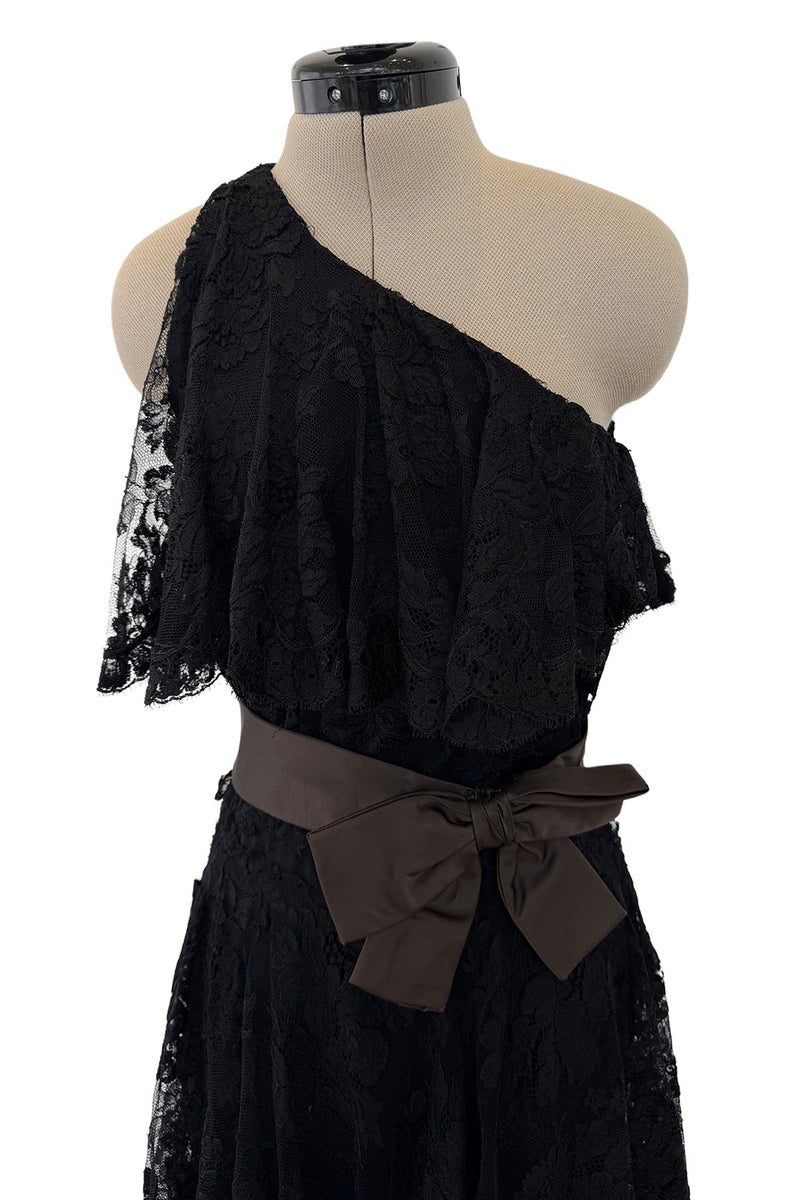 Incredible 1960s Donald Brooks Black Lace Tiered One Shoulder Jumpsuit w Wide Legs & Belt