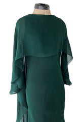 Fall 1975 Beautiful Halston Runway Flowing Deep Green Silk Chiffon w Low Back Plunge