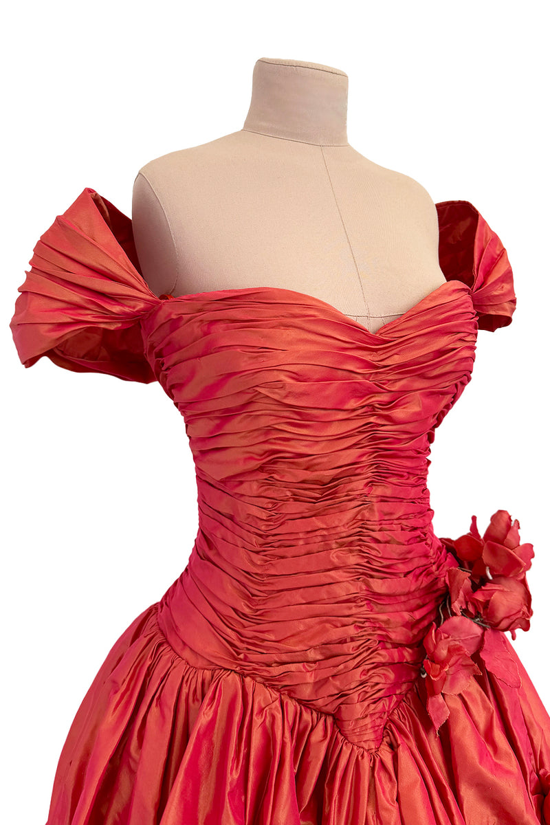 Romantic 1980s Loris Azzaro Irridescent Soft Coral Silk Taffeta Dress w Rosette Floral Detail