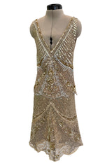 Prettiest 2000s Valentino Roma Metallic Gold Sequin & Bead Silk Chiffon on Netting Top and Skirt Set