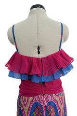 Incredible 1970s Jean Patou Printed Silk Organza Dress w Layered Ruffled Neckline & Hem