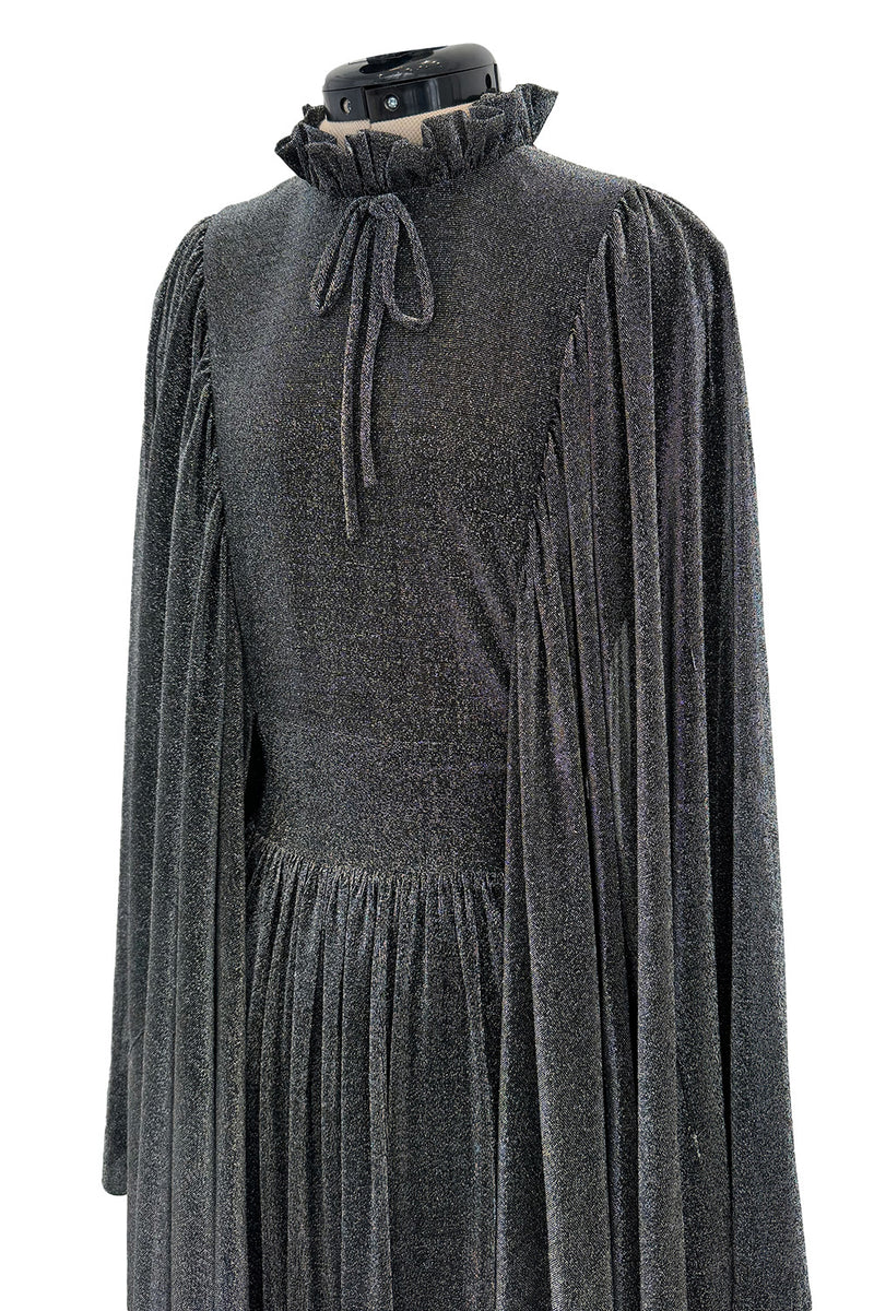 Spectacular 1970s Gina Fratini Metallic Deep Silver Lame Dress w Ruffle Collar &  Angel Sleeves