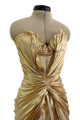 Outstanding Spring 1986 Thierry Mugler Pleated Metallic Gold Lurex Pleated Strapless Bodice 'Shell' Dress