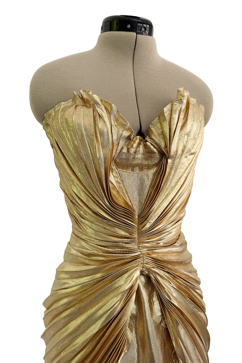 Outstanding Spring 1986 Thierry Mugler Pleated Metallic Gold Lurex Pleated Strapless Bodice 'Shell' Dress