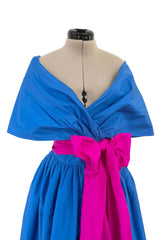 Prettiest 1980s Adele Simpson Blue Silk Plunge Wrap Dress w Brilliant Pink Sash & Caped Shoulders