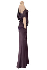 Gorgeous Fall 2003 John Galliano Bias Cut Deep Purple Silk Dress w Draped Arm Panels