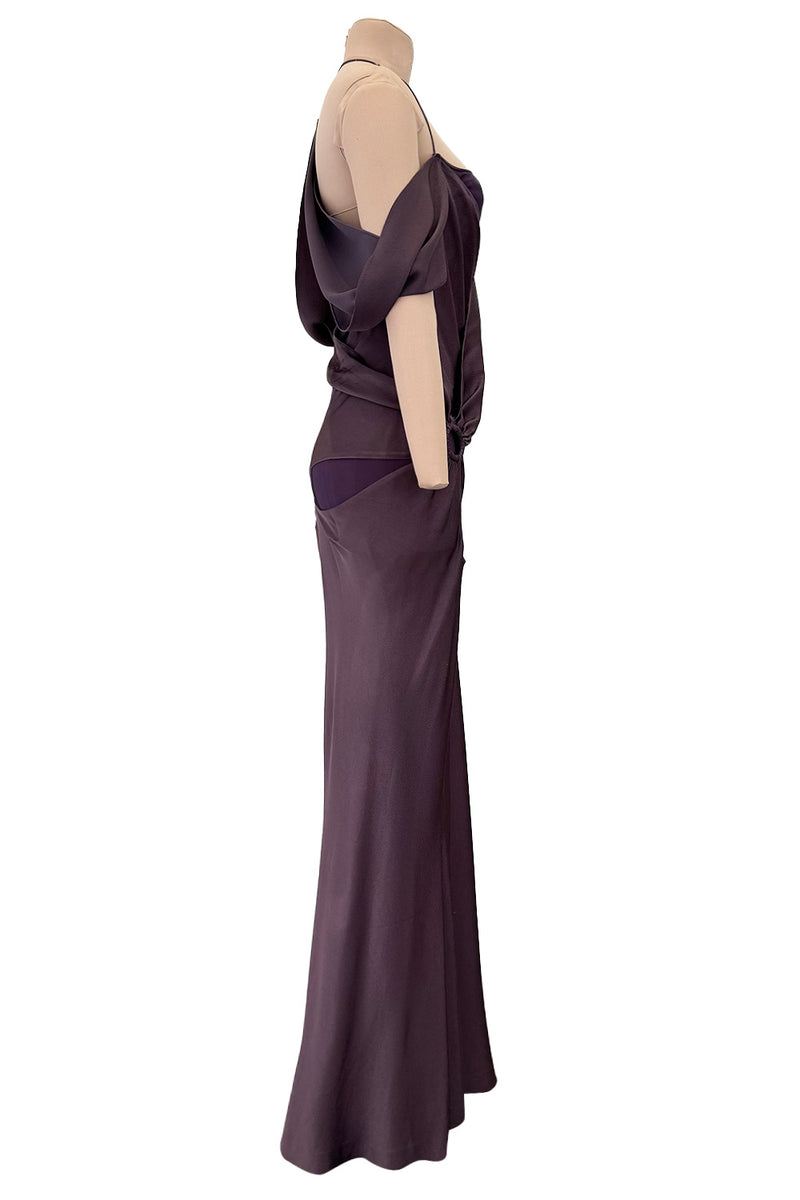 Gorgeous Fall 2003 John Galliano Bias Cut Deep Purple Silk Dress w Draped Arm Panels