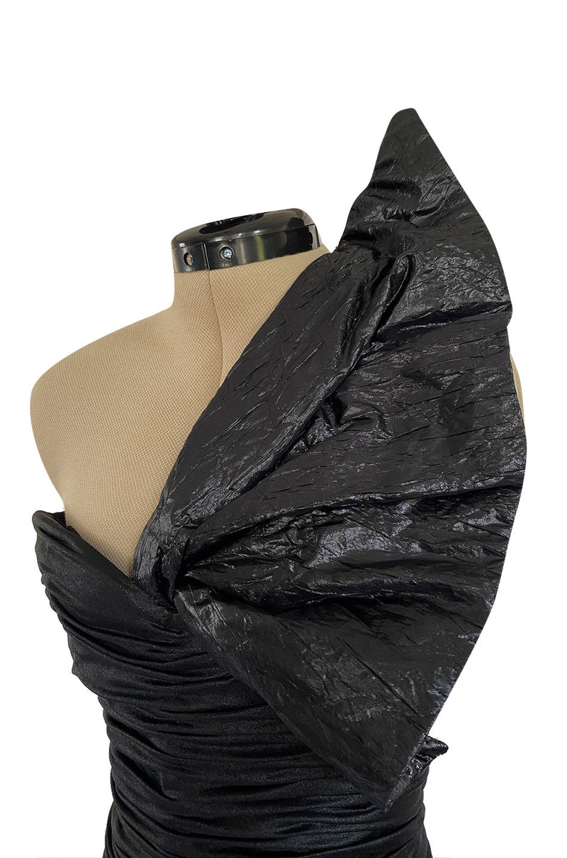 Dramatic 1987 Loris Azzaro Black Strapless Dress w Low Full Skirt & Shoulder Flare