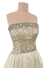 Exceptional 1959 Balenciaga Haute Couture Strapless Ivory Silk Chiffon w Metallic Embroidery