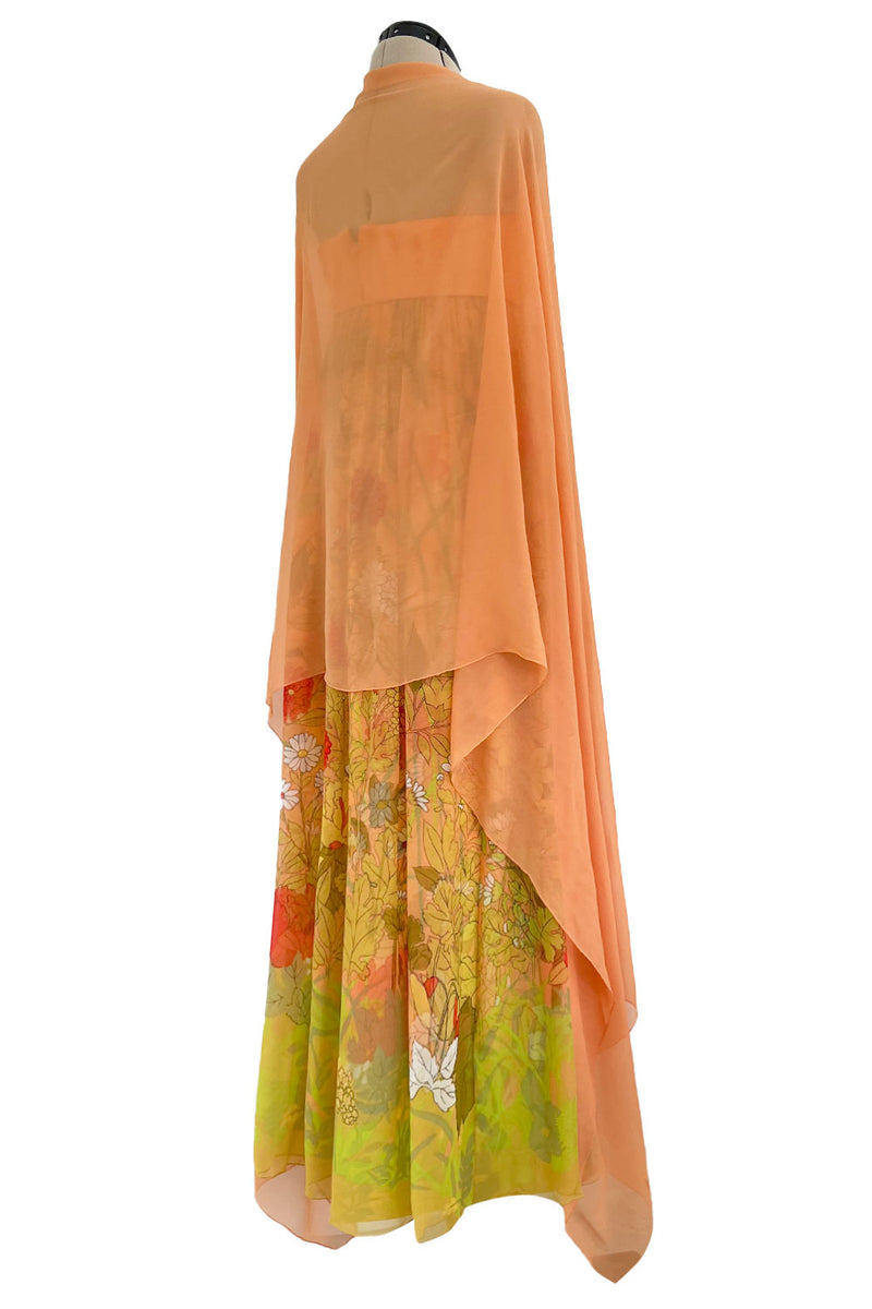 Gorgeous 1970s Hanae Mori Strapless Pastel Floral Print Chiffon & Silk Dress w Shawl