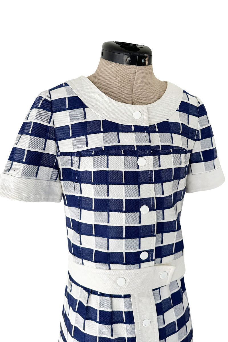 Cutest 1970s Andre Courreges Paris Numbered Hyperbole Blue & White Check Skirt & Jacket Suit Set