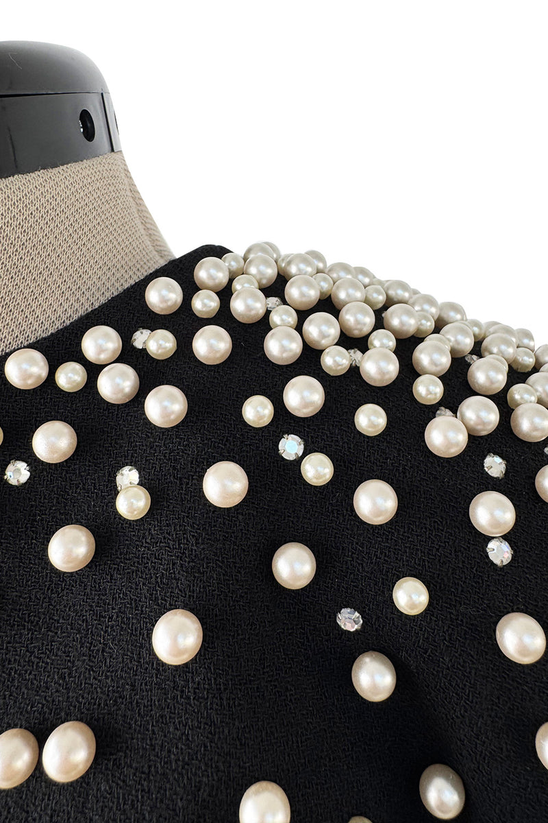 Incredible 1980s Givenchy Black Crepe Jacket w Pearl & Rhinestone Applique