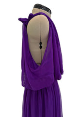 Spring 2001 Christian Dior by John Galliano Purple Silk Chiffon One Shoulder dress w Matching Pink & Red Floral Tie Belt