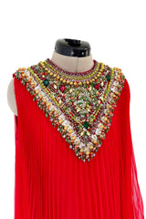 Prettiest Unlabeled 1960s Red Pleated Chiffon Dress w Densely Beaded & Sequin Bib Collar