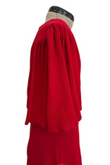Fantastic Fall 1974 Ossie Clark Runway Documented Red Moss Crepe Dress w Plunging Front & Caped Sleeves