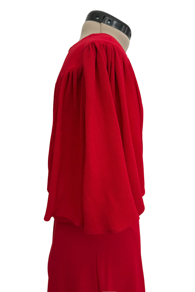 Fantastic Fall 1974 Ossie Clark Runway Documented Red Moss Crepe Dress w Plunging Front & Caped Sleeves