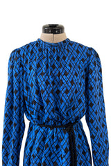 Divine Fall 1979 Yves Saint Laurent True Haute Couture Blue Silk Harlequin Print Dress w Ruffled Cuffs