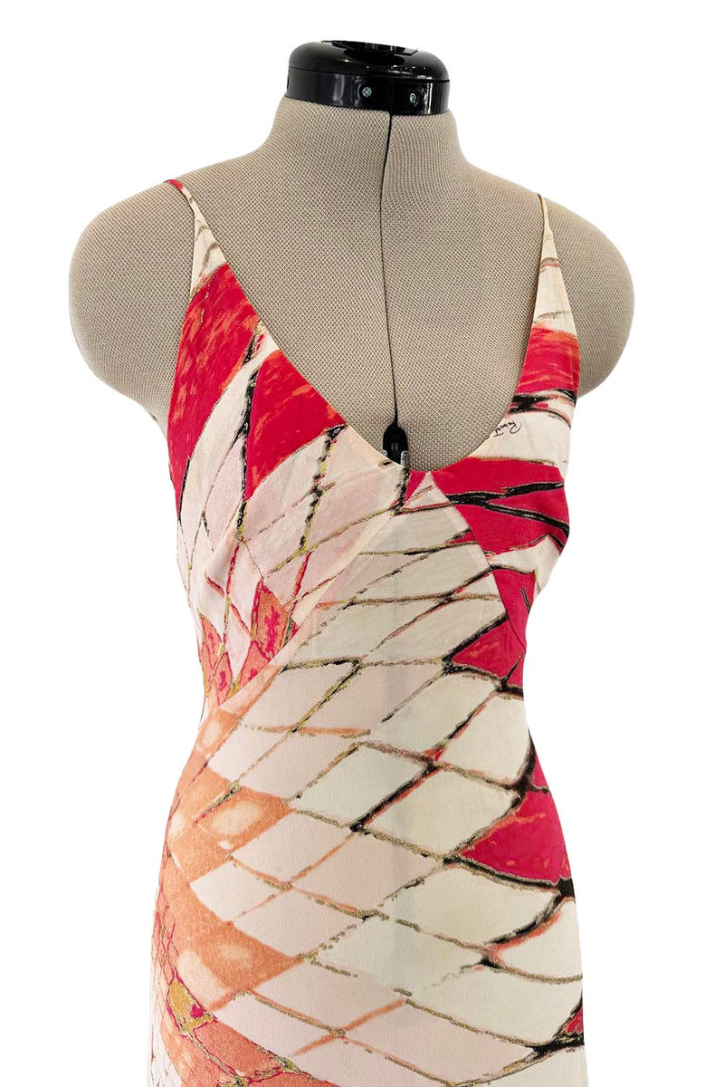 Rare Spring 2004 Roberto Cavalli Runway Look 23 Feather Light Silk Coral & Gold Print Dress