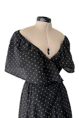 Dreamy 1981 Halston White Embroidered Dot on Black Wrap Off Shoulder Dress w Caped Neckline