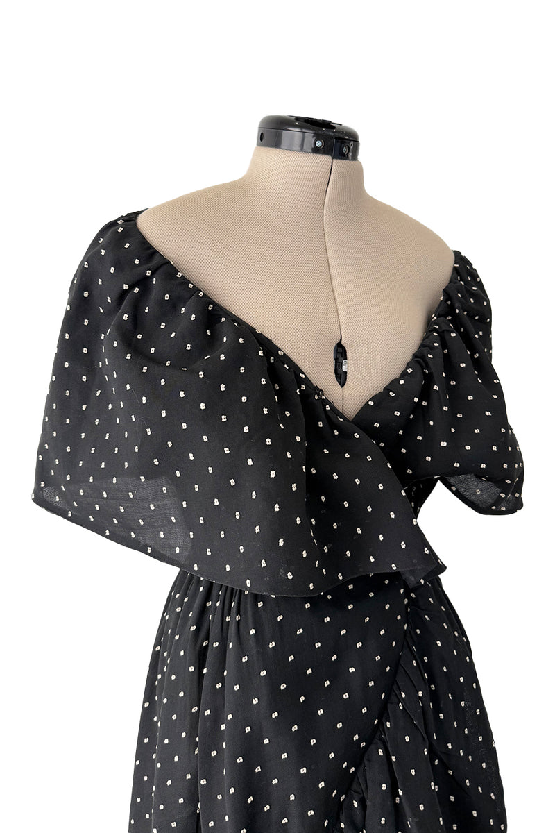 Dreamy 1981 Halston White Embroidered Dot on Black Wrap Off Shoulder Dress w Caped Neckline