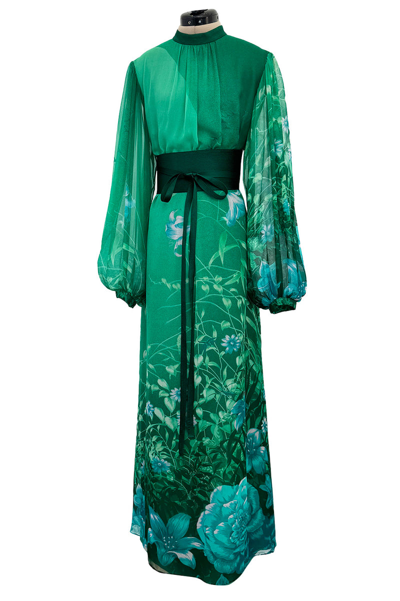 Stunning 1970s Hanae Mori Green Extensive Floral Print Green Silk Chiffon Dress w Balloon Sleeves & Belt