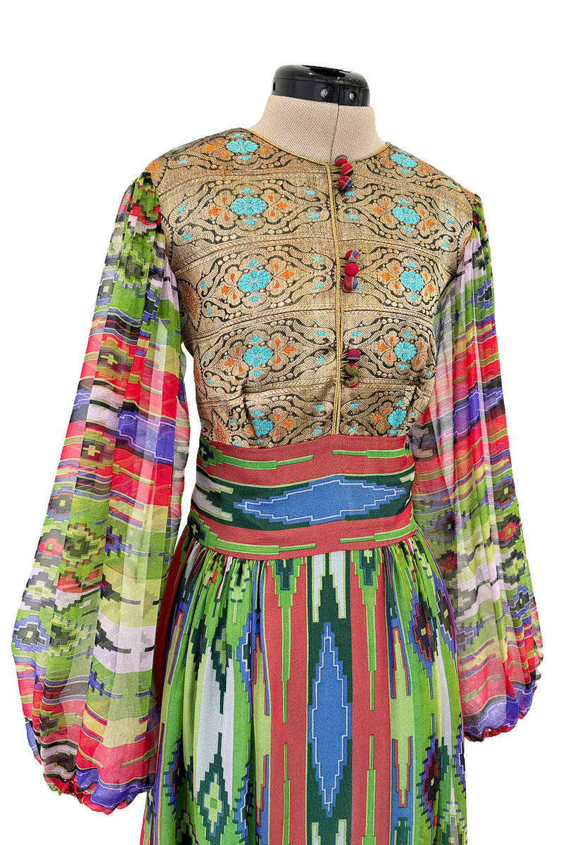 Exceptional Early 1970s Thea Porter Book Documented Faye Dress in Ikat SIlk Chiffon & Brocade