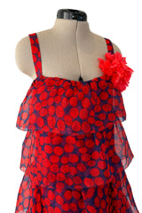 Gorgeous 1970s Givenchy Blue & Red Dot Tiered Silk Organza Ruffle Dress