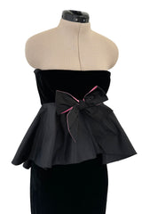 Exceptional Fall 2005 Original Valentino Runway Look 82 Black Velvet Dress w Bows, Silk Tiers & Pink Detailing