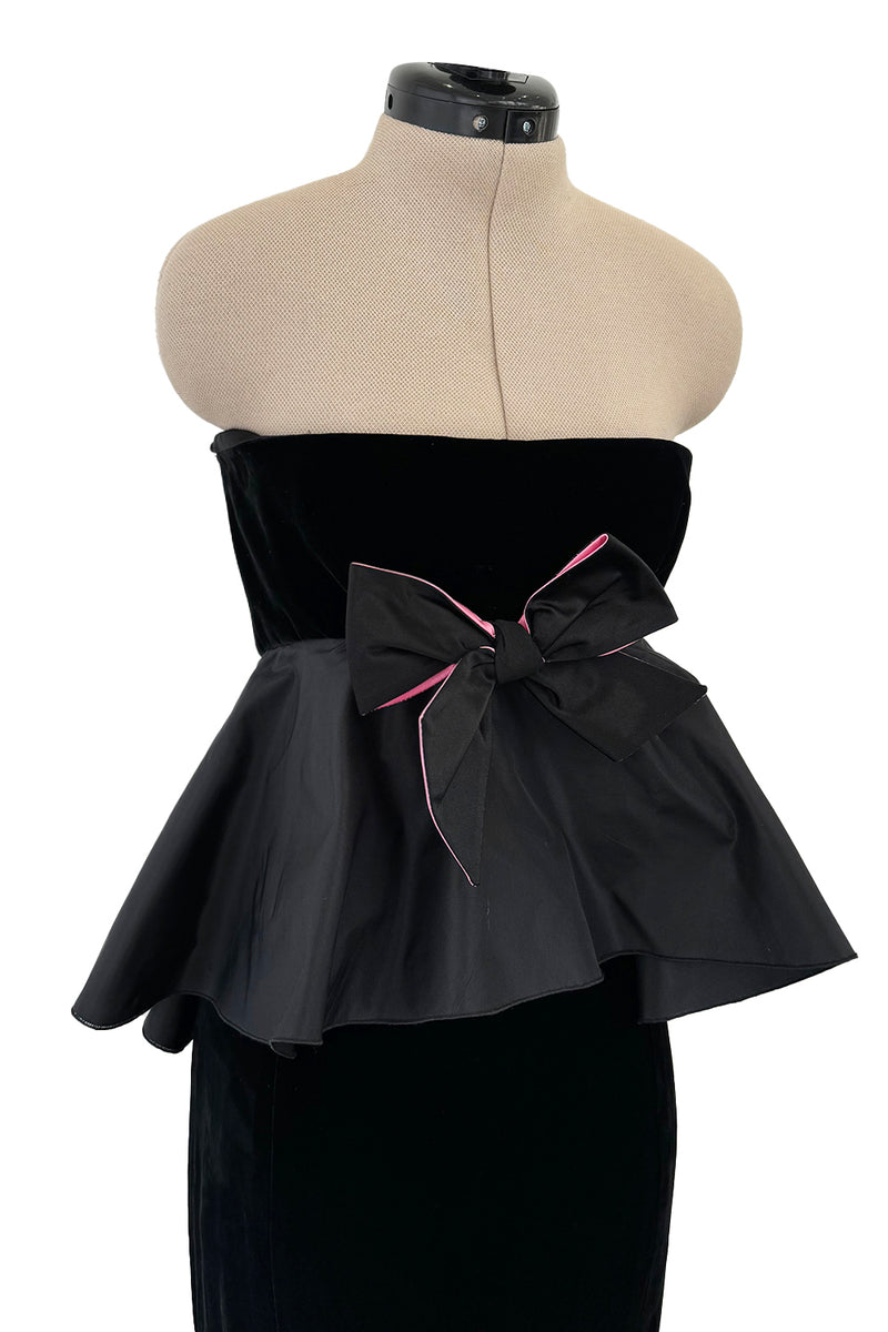 Exceptional Fall 2005 Original Valentino Runway Look 82 Black Velvet Dress w Bows, Silk Tiers & Pink Detailing