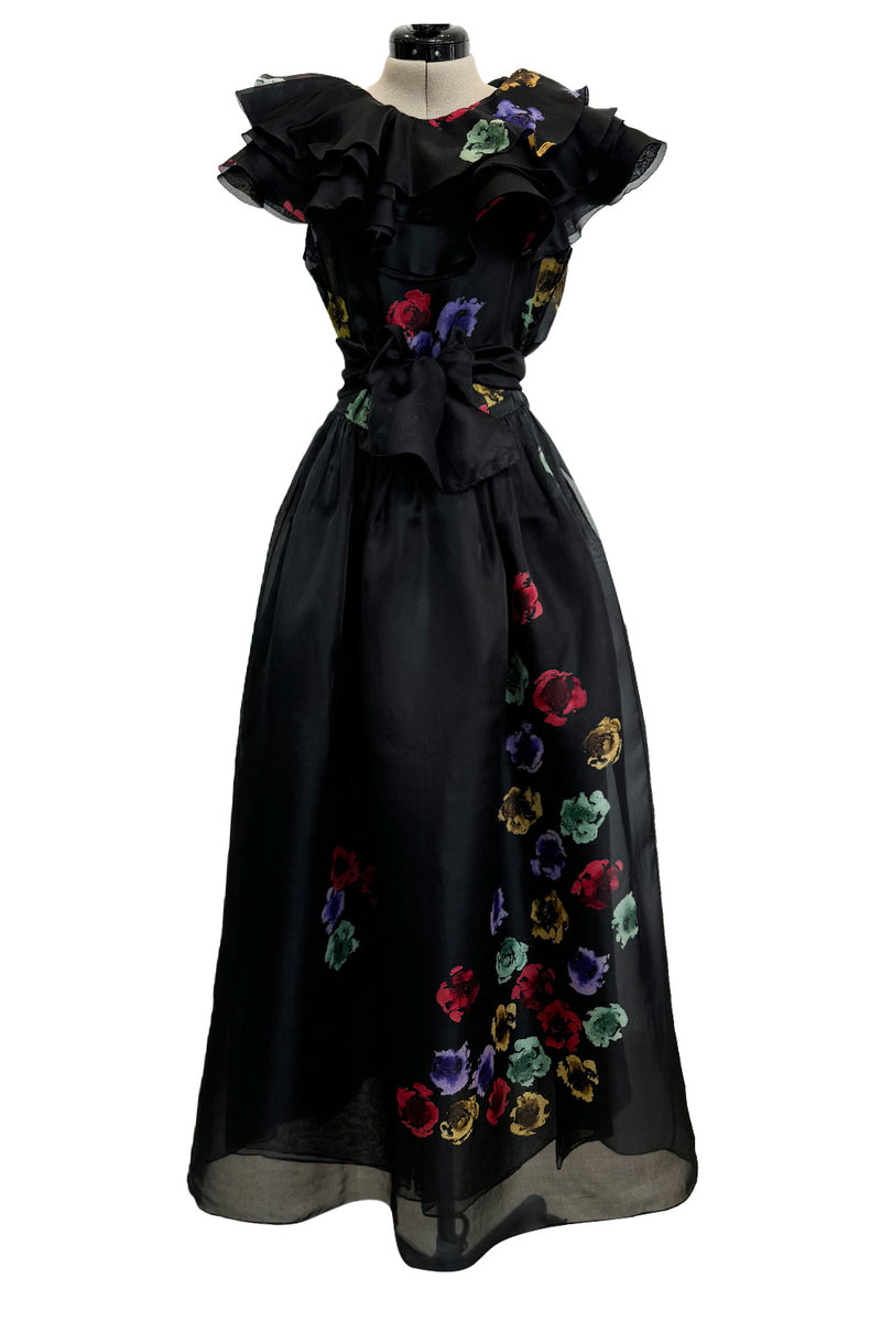 Spring 1981 Unlabeled Christian Dior Floral Print Silk Organza Dress w Ruffled Shoulders