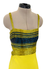 Exceptional 1960s James Galanos Yellow Silk Crepe w Blue & Yellow Beaded Back Cut Out Top