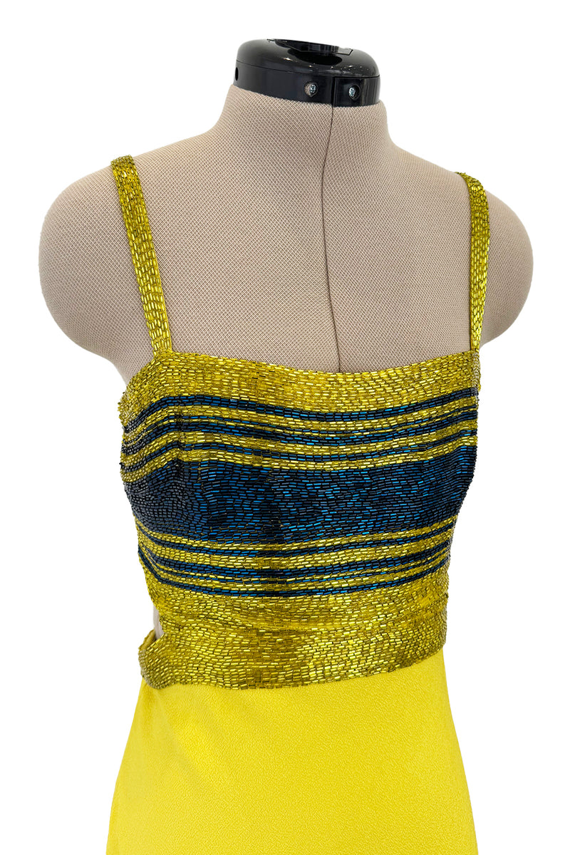 Exceptional 1960s James Galanos Yellow Silk Crepe w Blue & Yellow Beaded Back Cut Out Top