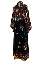 Incredible c. 1972 Original Valentino Three Piece Acorn Print Silk Top, Velvet Skirt & Jacket Set