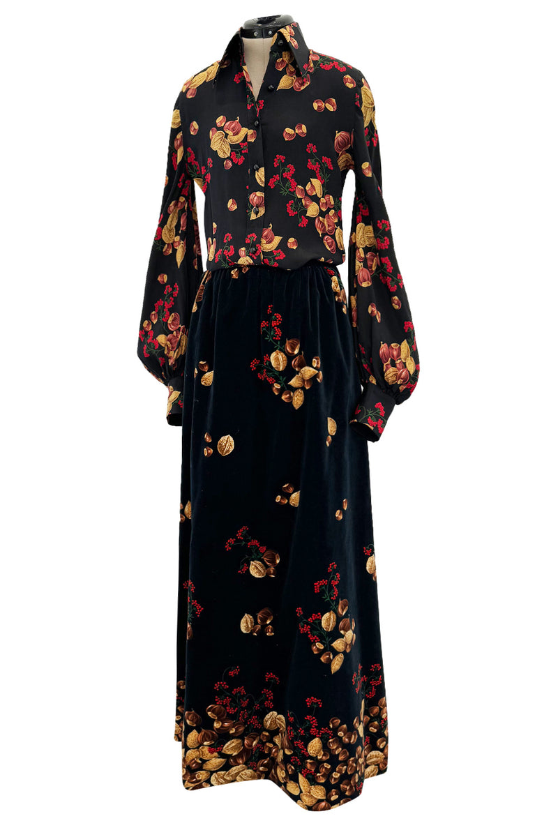 Incredible c. 1972 Original Valentino Three Piece Acorn Print Silk Top, Velvet Skirt & Jacket Set