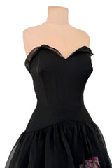 1940s Jean Patou Haute Couture Strapless Black Silk Chiffon Dress w Tiered Full Skirt