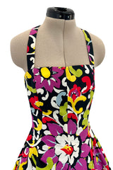 Gorgeous Resort 1993 Christian Lacroix Crisp Cotton Floral Print Halter Dress w Pouf Back Skirt