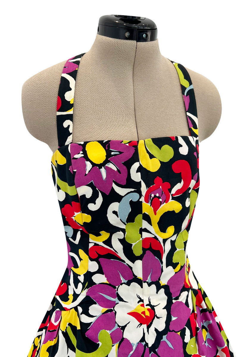 Gorgeous Resort 1993 Christian Lacroix Crisp Cotton Floral Print Halter Dress w Pouf Back Skirt