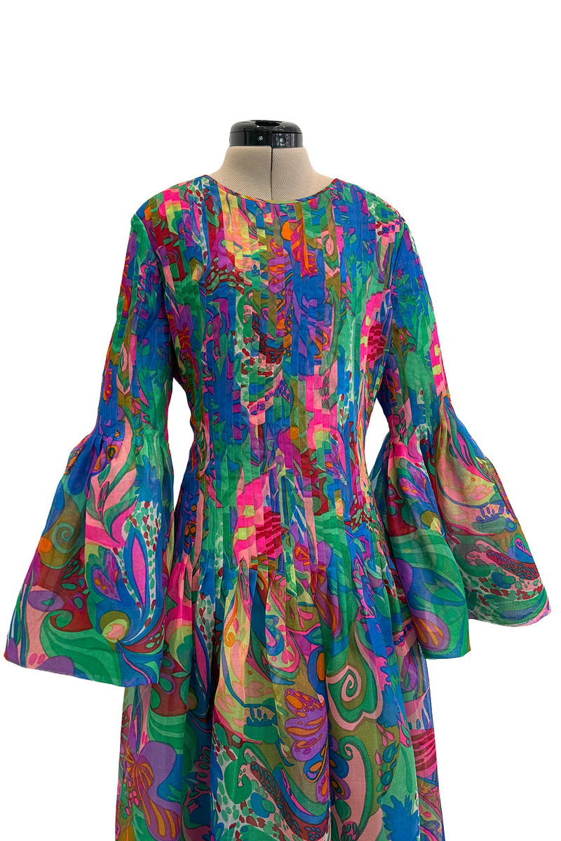 Important 1971 Pierre Cardin Couture Silk Organza Bell Sleeve Dress w Flat Pleated Bodice & Sleeves
