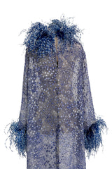 1970s Unlabeled Printed Silk Chiffon Dress w Gold & Silver Thread & Feather Collar & Cuffs