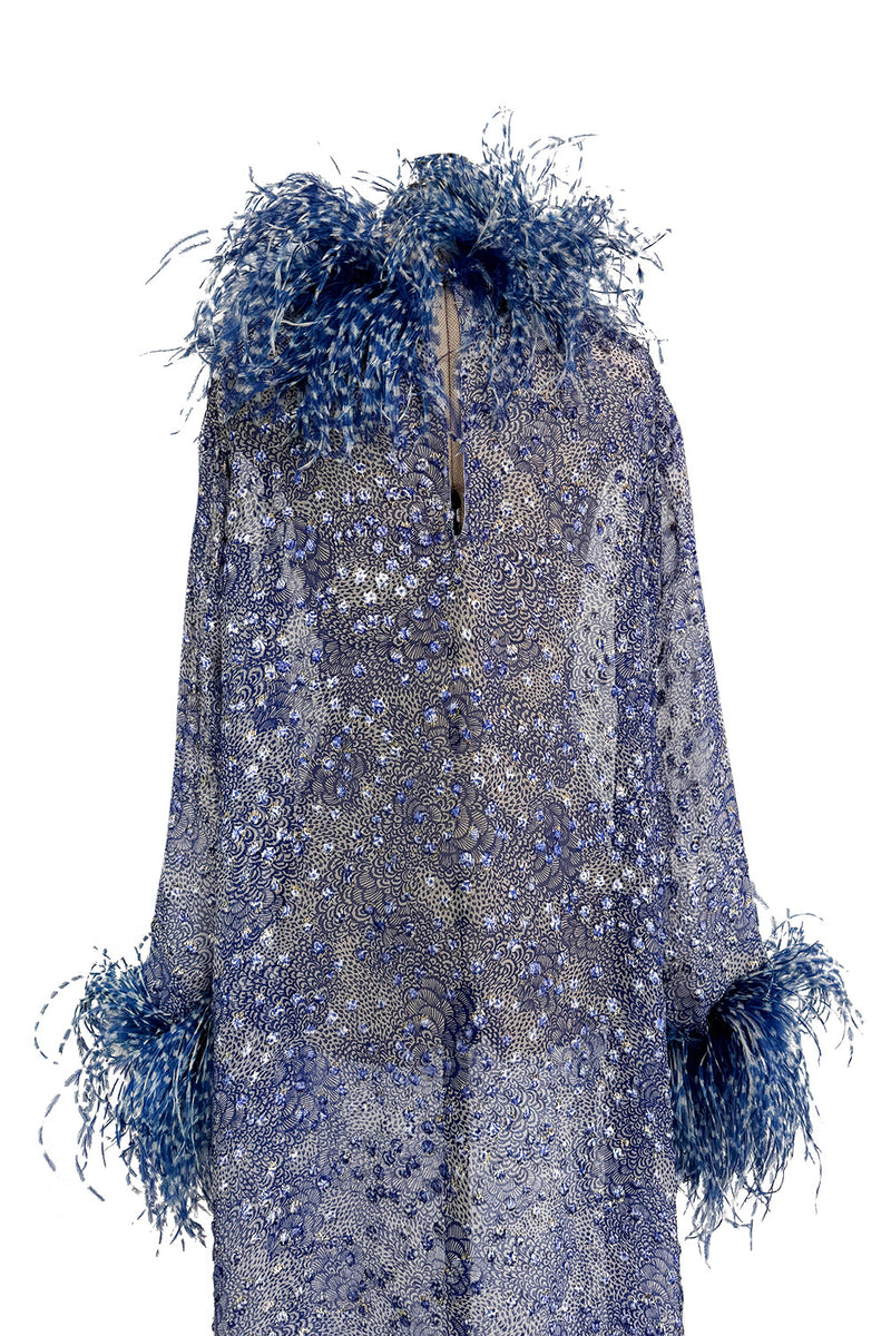 1970s Unlabeled Printed Silk Chiffon Dress w Gold & Silver Thread & Feather Collar & Cuffs