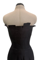 Fantastic c.1983 Thierry Mugler Black Raw Silk Vertical Panel Dress w Car Wash Hem & Silk Chiffon