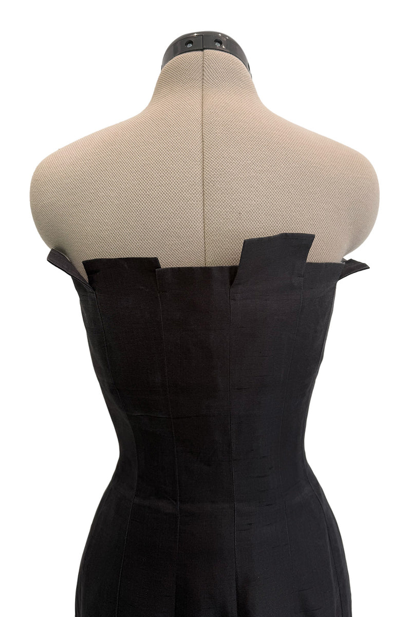 Fantastic c.1983 Thierry Mugler Black Raw Silk Vertical Panel Dress w Car Wash Hem & Silk Chiffon