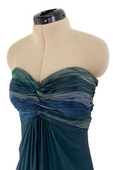 Spring 1990 Oscar De La Renta Ocean Blues Silk Chiffon Strapless Dress w Gathered Bodice