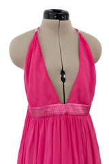 Recent Givenchy Vivid Silk Pink Chiffon Halter Dress w Completely Open Back & Multi Length Hem