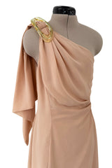 Spectacular Spring 2000 Thierry Mugler Runway Nude Chiffon One Shoulder Dress w Acrylic Detail