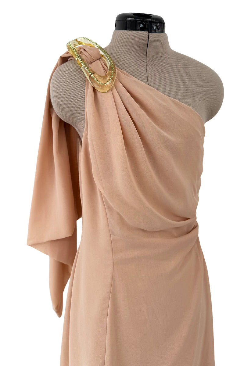Spectacular Spring 2000 Thierry Mugler Runway Nude Chiffon One Shoulder Dress w Acrylic Detail