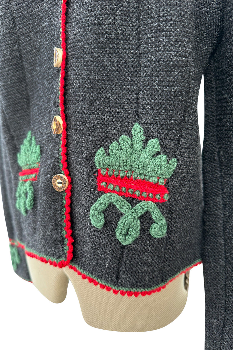 Prettiest 1980s Wolkenstricker Charcoal Colour Hand Knit Cardigan Sweater w Floral Details